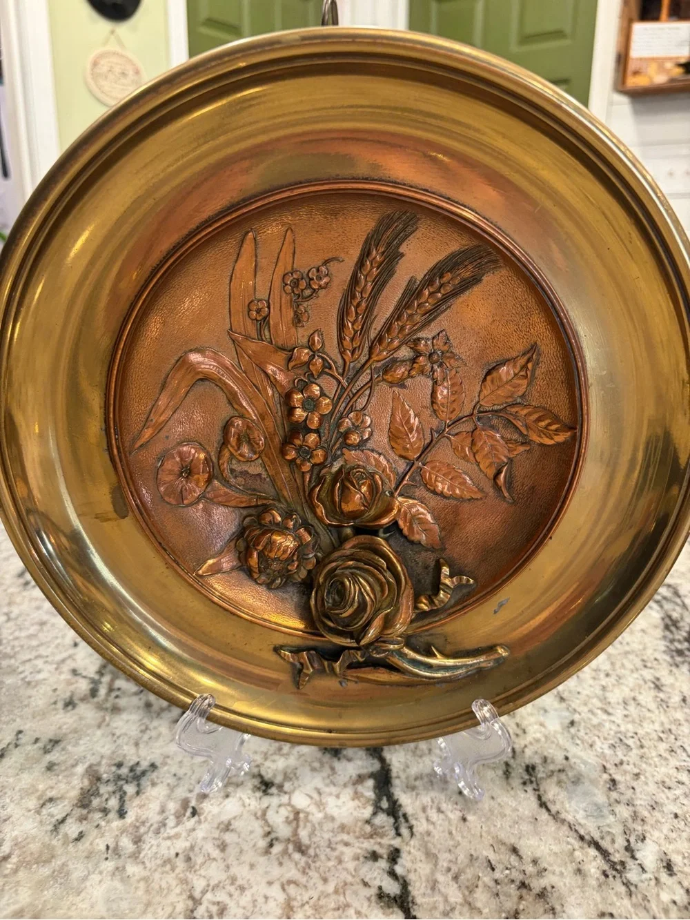 Decorative Floral Relief Metal Wall Plate - Brass Finish